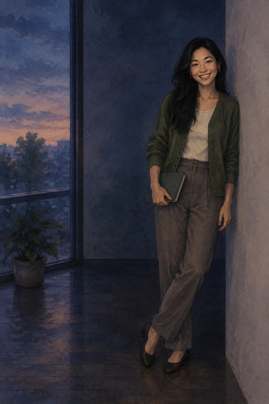 Zevis, smiling, leaning against the wall beside the form