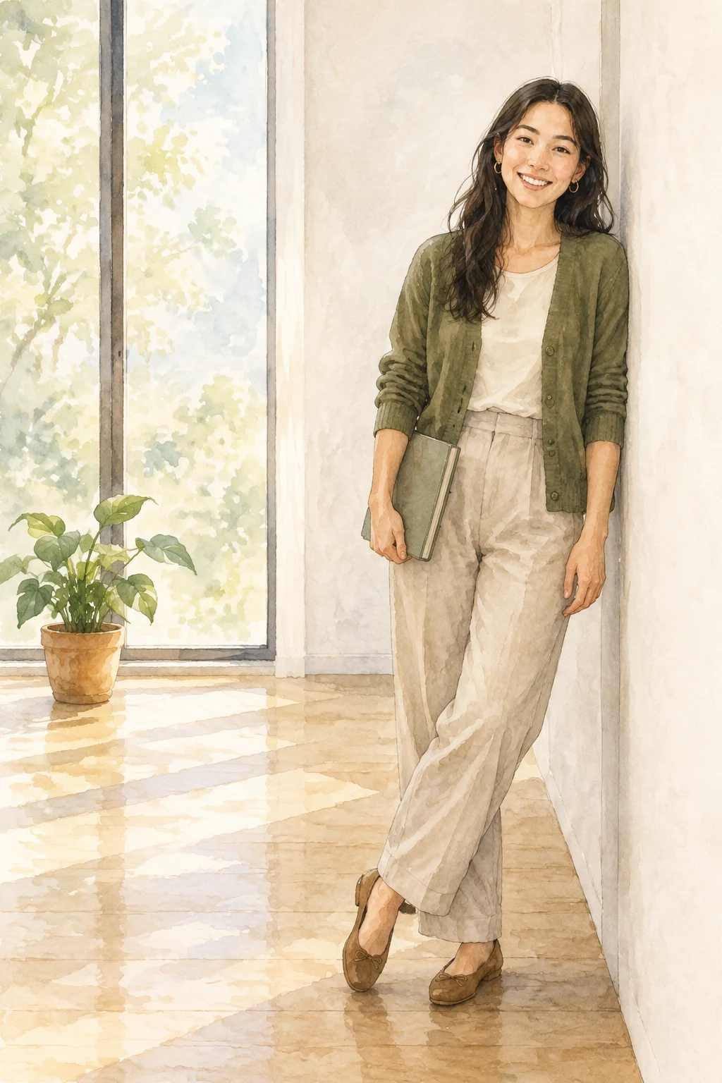 Zevis, smiling, leaning against the wall beside the form